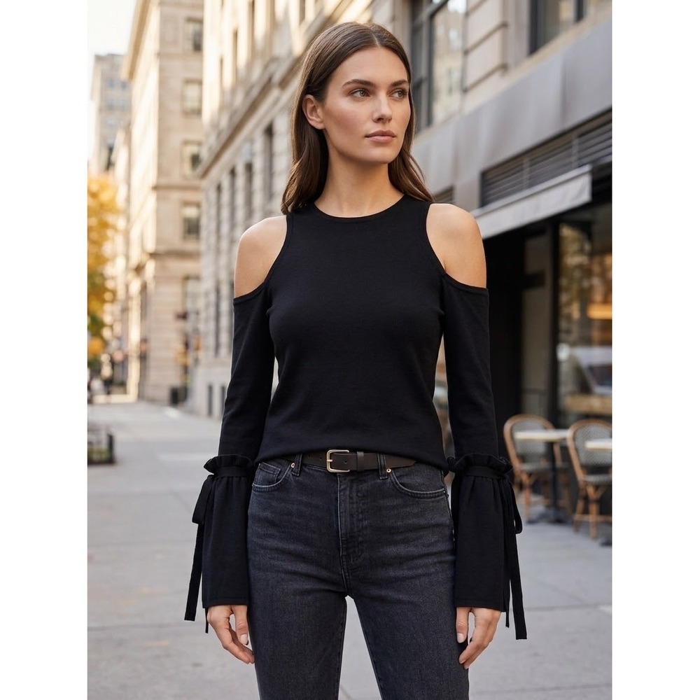 Milly Black Cold Shoulder Ruffle Bell Sleeve Knit Top Small RN 104297